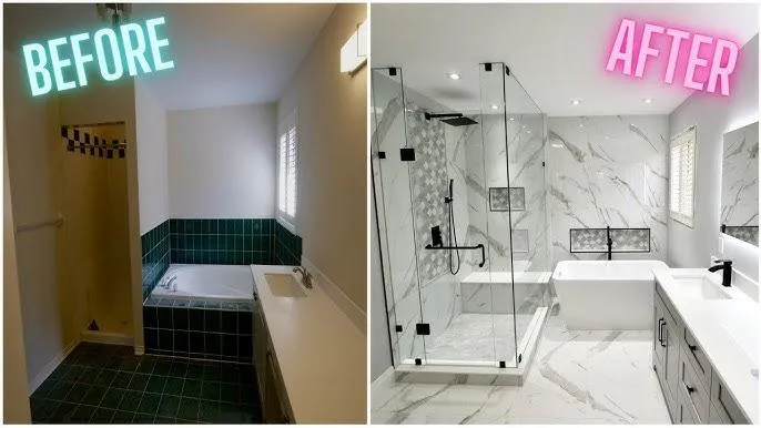 A modern bathroom renovation featuring a pink text bathtub, white tiles, and black furniture with marble, glass, and tile finishes.