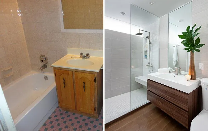Bathroom renovation showcasing a contemporary design with clean lines and neutral color palette.