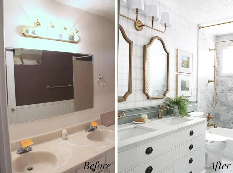A modern bathroom renovation showcasing a floating vanity with marble countertops, white tiles, beige walls, and brass hardware.
