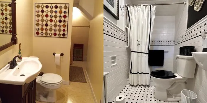 A modern bathroom featuring a sleek tile design, white and black color scheme, and contemporary fixtures.