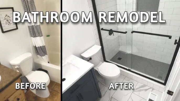 Bathroom remodel showcasing modern design with white tile flooring, black countertops, silver fixtures, and glass shower enclosure.