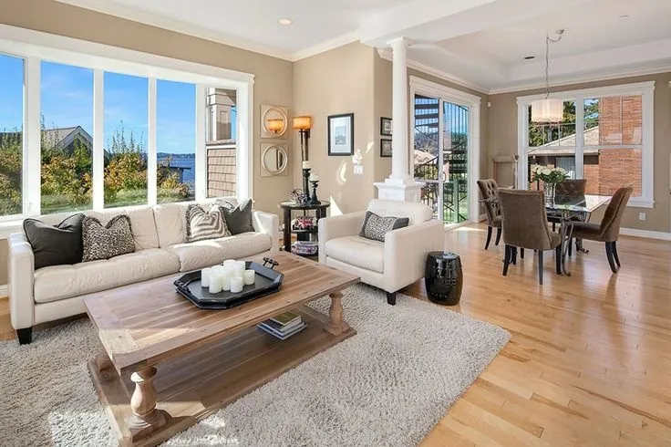 Hardwood flooring features a matte finish across a clean, even installation.