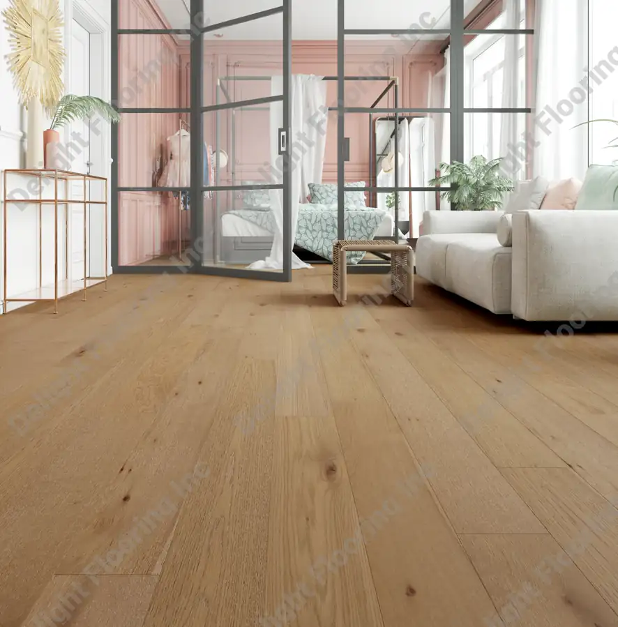 Hardwood flooring features visible grain and a consistent pattern across a clean, even installation.