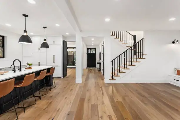 Laminate flooring shows a consistent pattern across the installed area.